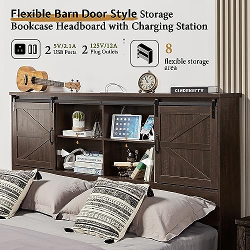 VanAcc Full Size Wooden Platform Bed with Bookcase Headboard and 2 Drawers O6158