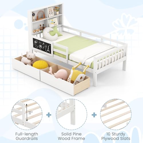 Giantex Full Bed with 2 Storage Drawers, Solid Wood Kids Bed Frame, White N580265
