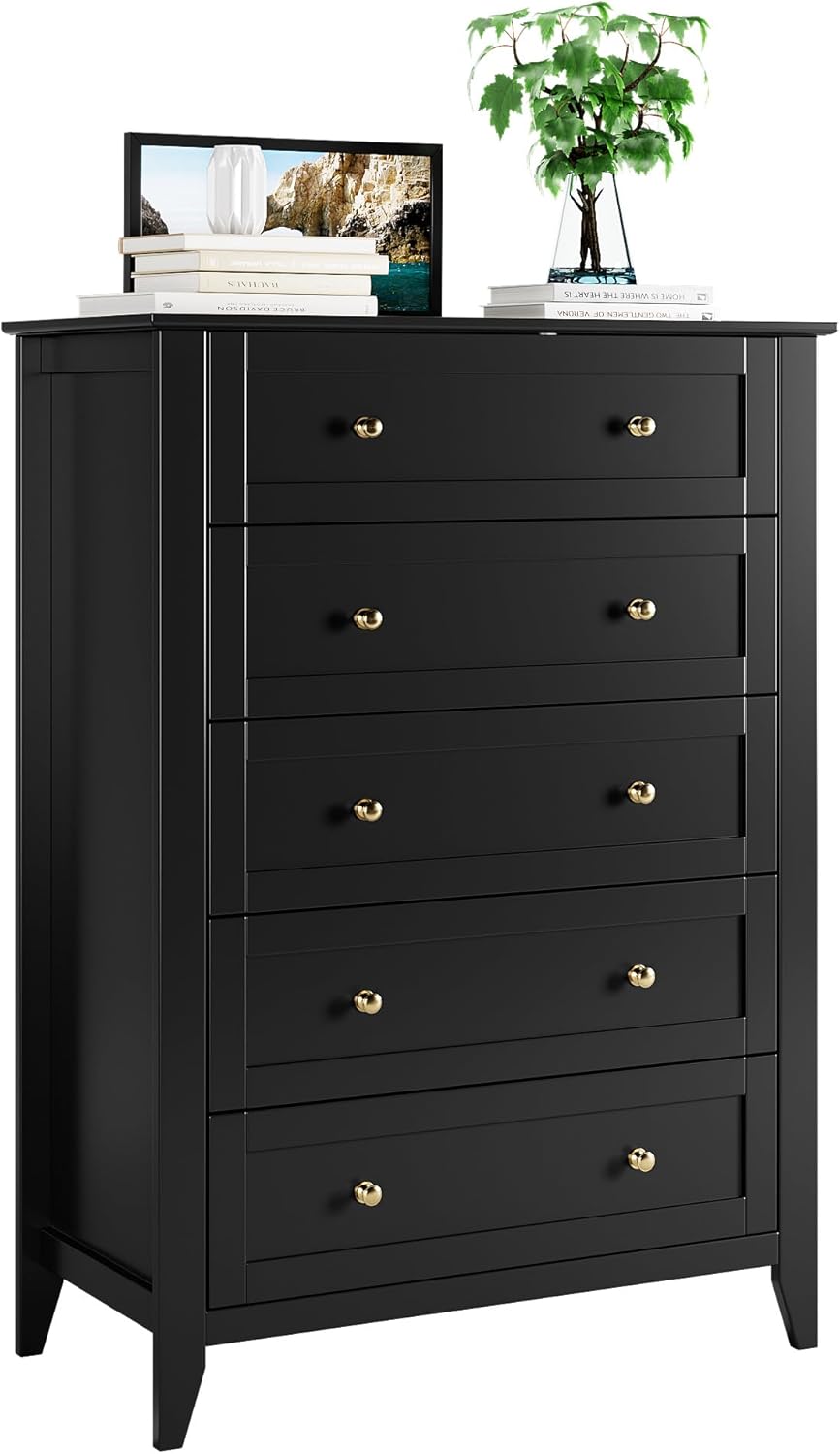 5 Drawer Dresser for Bedroom, Tall Wood Chest with Metal Knobs, Black X296