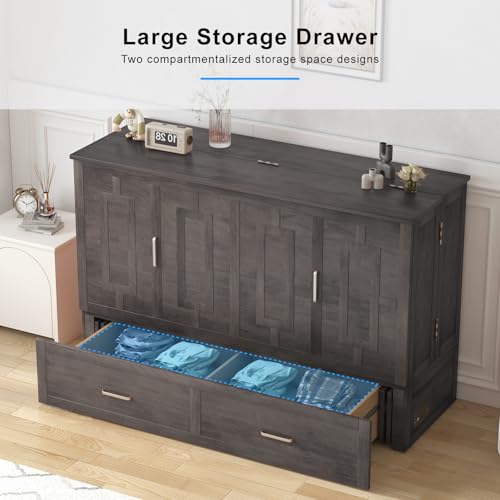 PUREMIND Queen Murphy Bed Cabinet with 2 Storage Drawers and USB Charging Station R5817
