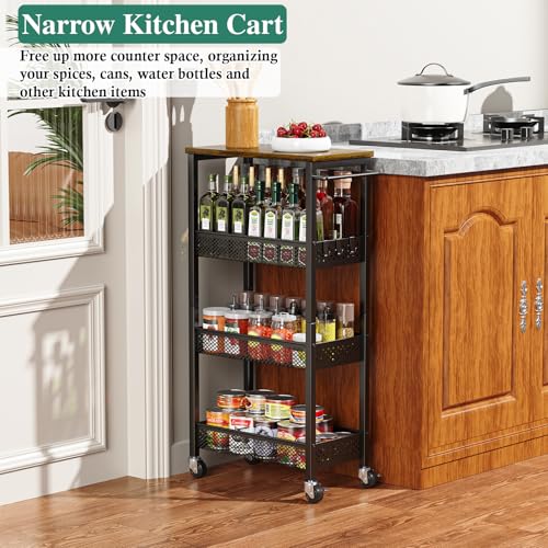 Utility Slim Storage Cart 4-Tier Rolling Cart with Wood Top A517006