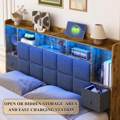 LED Bed Frame Full Size with Bookshelf Headboard and Charging Station R978868