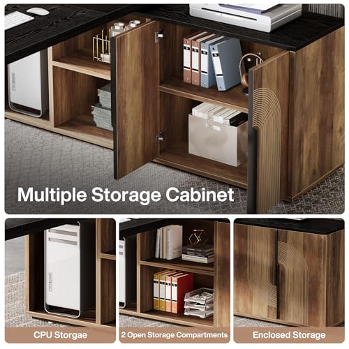 Tribesigns 74.8" L Shaped Executive Desk with Shelves, Black and Brown R6407