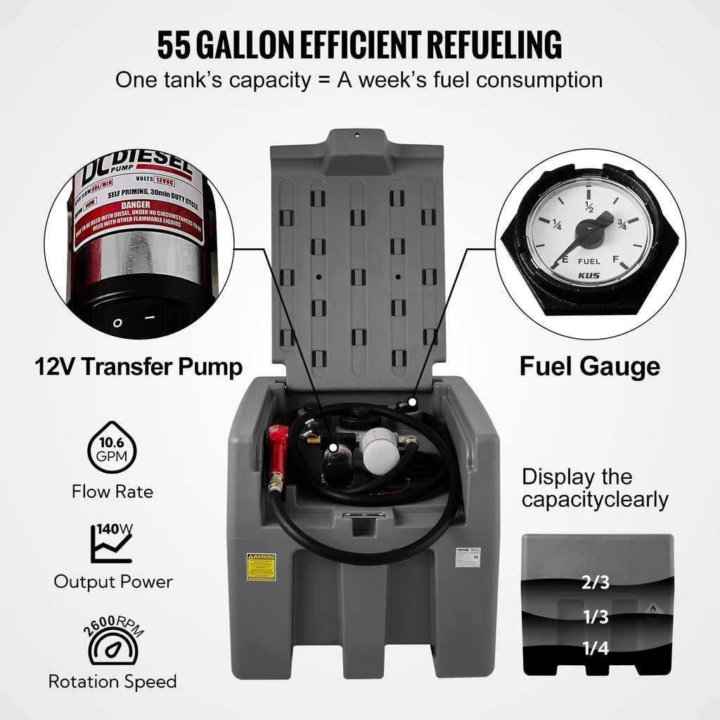 VEVOR Portable Diesel Tank 58 Gallon with 12V Electric Transfer Pump P6489