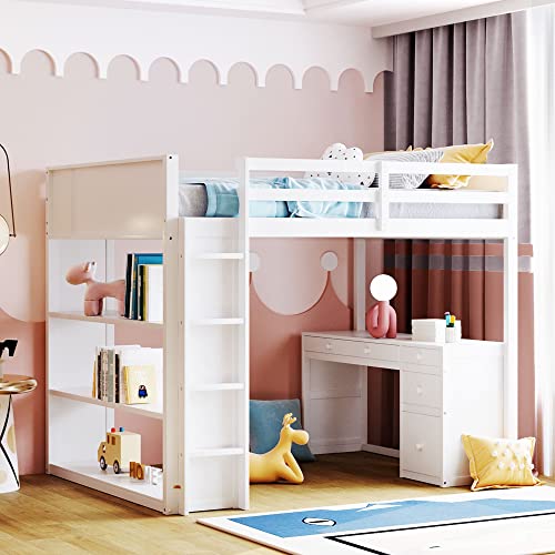 Harper & Bright Designs Full Size Loft Bed with Wardrobe and Desk, Solid Wood, White R4710