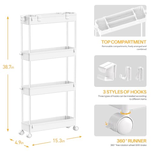 SPACELEAD Slim Storage Cart 4 Tier, Rolling Utility Cart for Bathroom & Kitchen, White Q18019