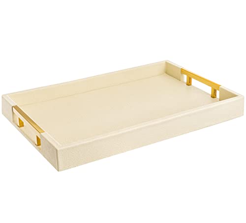 White Marble Faux Leather Decorative Tray with Handles D972626