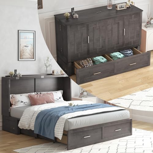 PUREMIND Queen Murphy Bed Cabinet with 2 Storage Drawers and USB Charging Station R5817