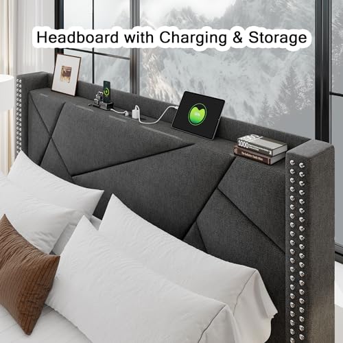 Upholstered Queen Bed Frame with 4 Storage Drawers and Charging Station, Light Grey K875