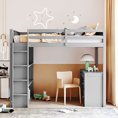 Harper & Bright Designs Full Size Loft Bed with Wardrobe and Desk, Solid Wood, White R4710
