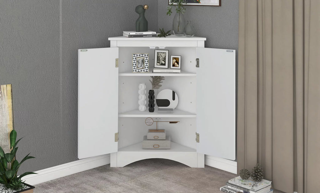 ANTSKU Corner Cabinet with Doors, 2 Adjustable Shelves, White Q2473