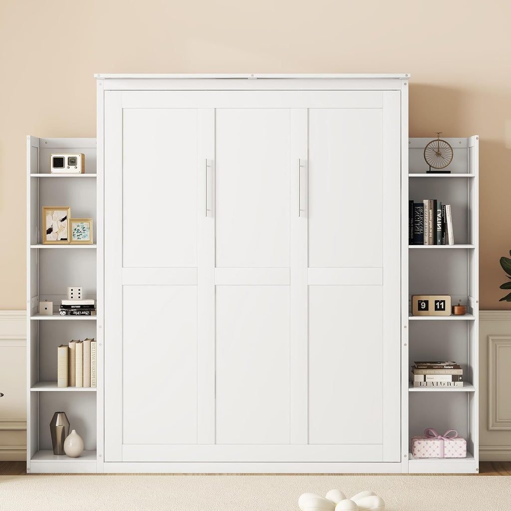 Merax Murphy Bed Queen Size Wooden Wall Bed with Shelves and LED Lights, White U14073