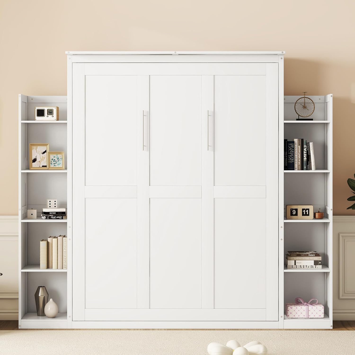 Merax Murphy Bed Queen Size Wooden Wall Bed with Shelves and LED Lights, White U14073