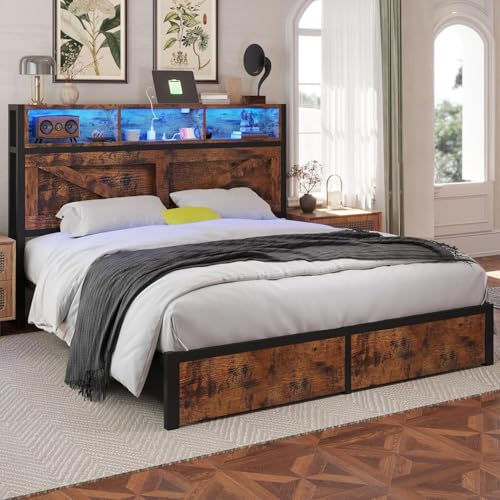 Farmhouse Full Bed Frame with Bookcase Headboard, LED Lights and Charging Station M527023