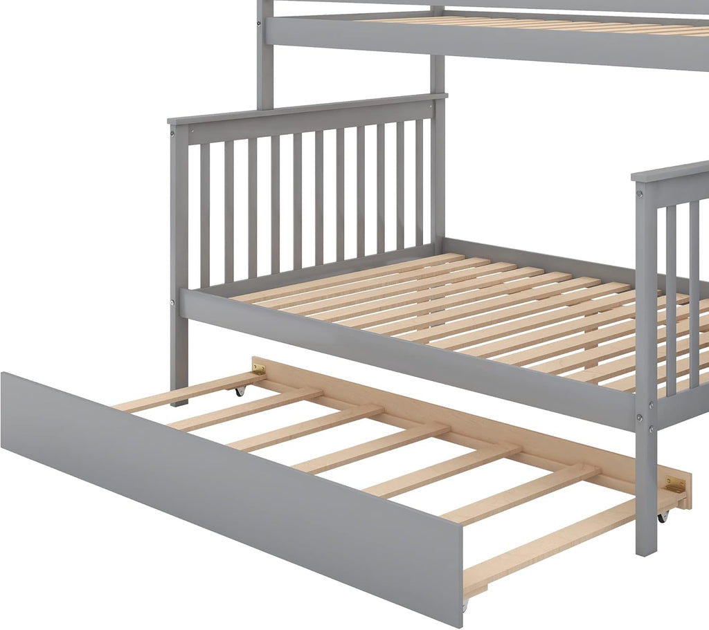 Twin Over Full Bunk Bed with Trundle, Wood Frame, Gray E6647