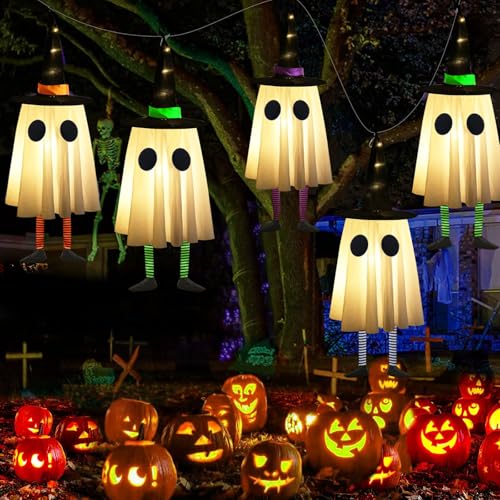 Halloween Hanging Ghosts with Witch Hat Lights, Set of 4 for Outdoor Yard Decor H703891