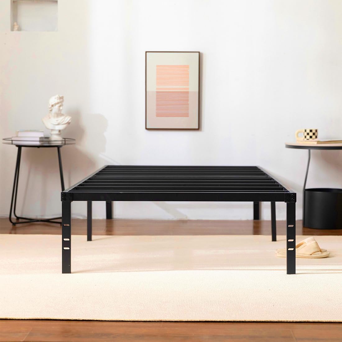 Twin XL Metal Platform Bed Frame with Storage, Steel Slat Support, Black K3941