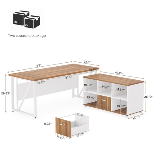 Tribesigns 63" Executive Desk with 47" Lateral File Cabinet, L-Shaped Computer Desk, Brown and Black N680173