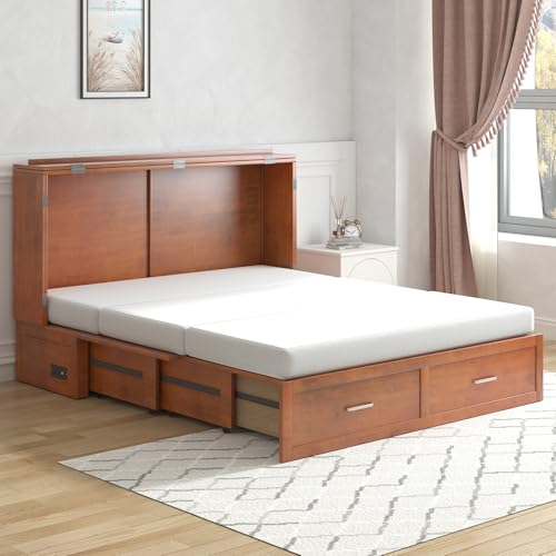 PUREMIND Queen Murphy Bed Cabinet with 2 Storage Drawers and USB Charging Station R5817