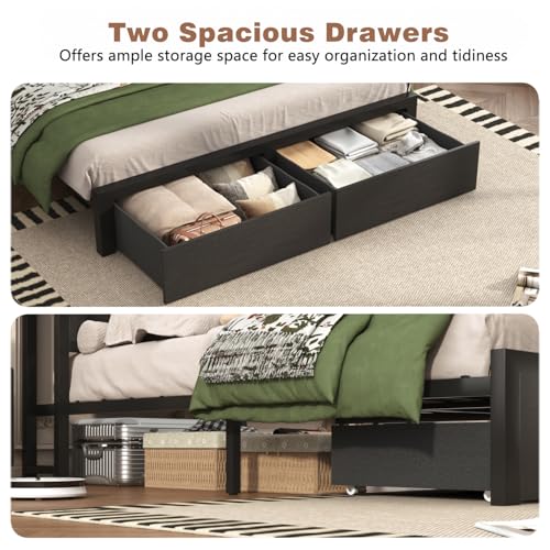 Farmhouse Full Bed Frame with Bookcase Headboard, Charging Station, Brown K11127