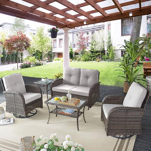 Outdoor Wicker Swivel Rocker Chairs Set of 2 with Rattan Side Table, Brown/Blue B592
