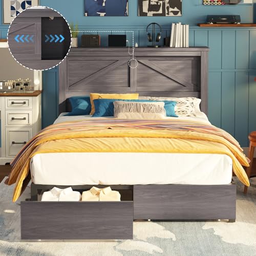 AMERLIFE King Bed Frame with Bookcase Headboard and Charging Station V4787