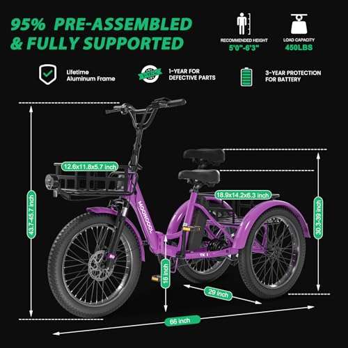MOONCOOL Electric Tricycle for Adults 350W 36V Removable Battery 7 Speeds P222040