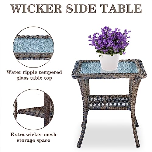 Outdoor Wicker Swivel Rocker Chairs Set of 2 with Rattan Side Table, Brown/Blue B592