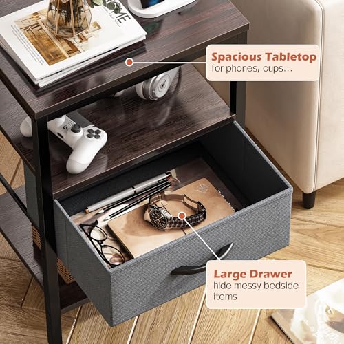 SUPERJARE Nightstand with Charging Station, Fabric Drawer, 3-Tier Storage, Walnut K366263