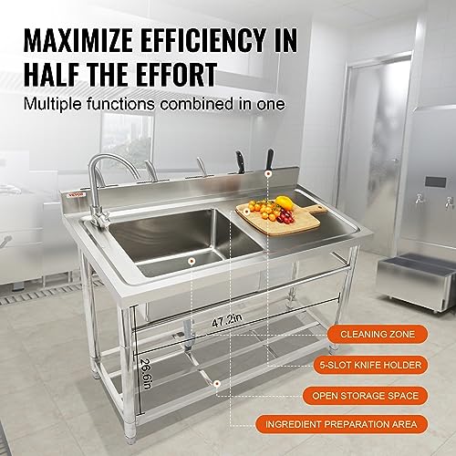 VEVOR Stainless Steel Utility Sink with Workbench Faucet and Legs, 39.4 x 19.1 x 37.4 in L559
