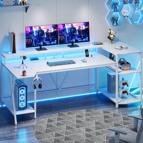 SEDETA Gaming Desk 70.8'' with LED Lights and Storage Shelves, Black Y2845