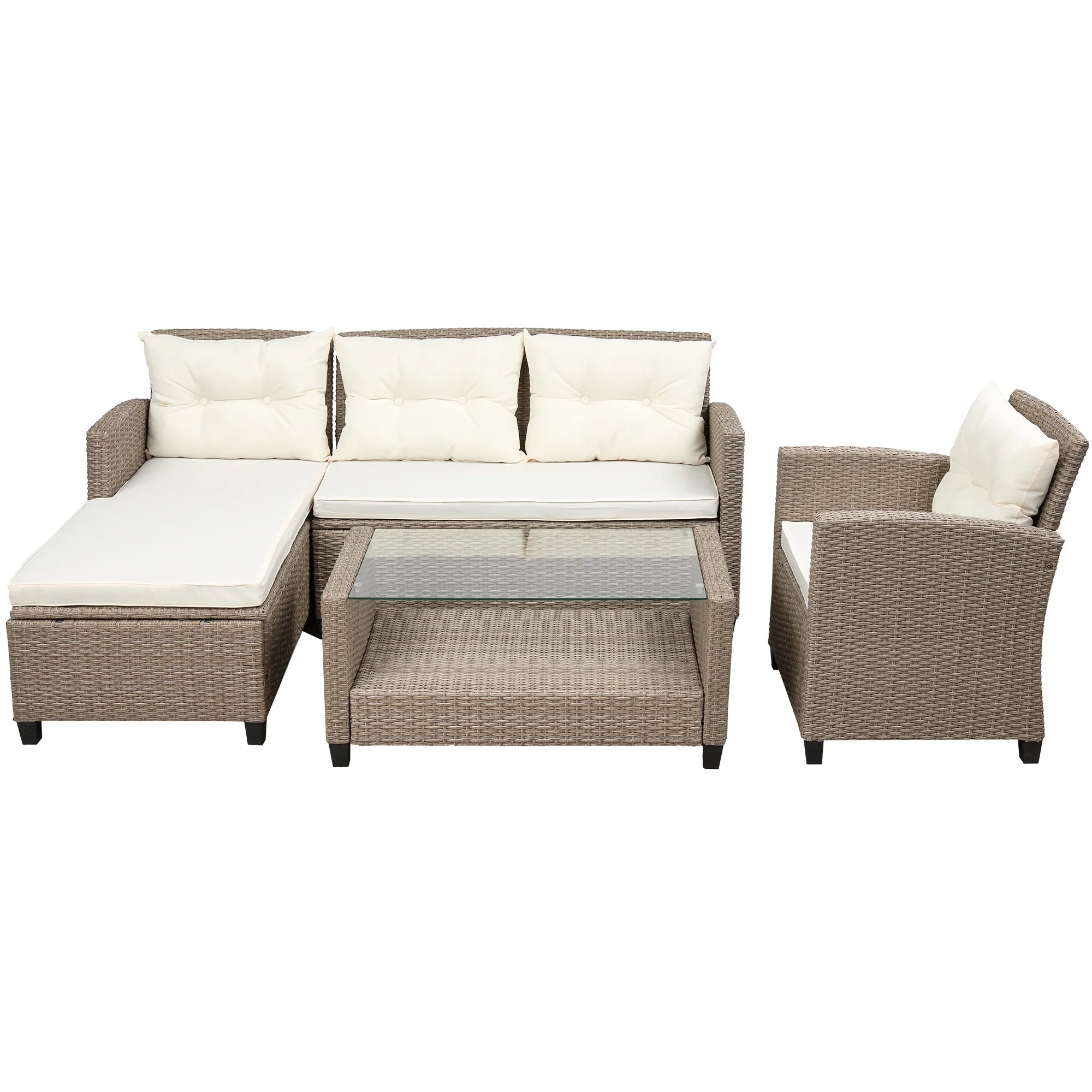 Dcenta 4 Piece Wicker Rattan Patio Conversation Set with Seat Cushions, Beige Brown B3881