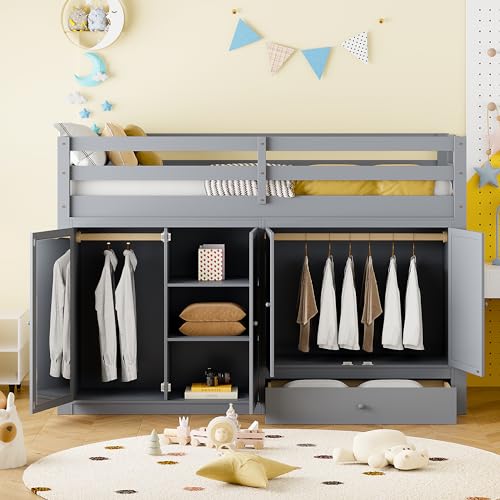 Harper & Bright Designs Twin Size Loft Bed with L-Shaped Desk and Stairs, Solid Wood, White D768