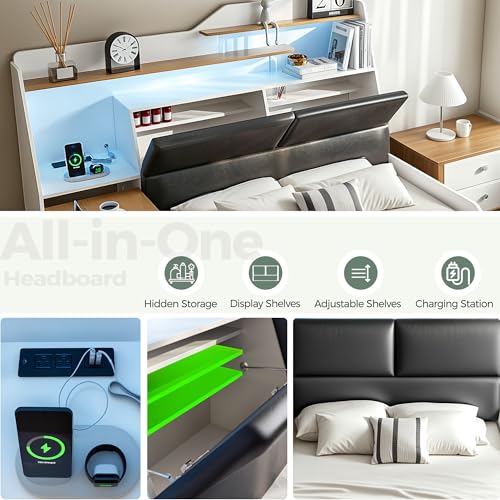 Full Platform Bed Frame with Foldable Desk, Storage Headboard, LED Light Y18160