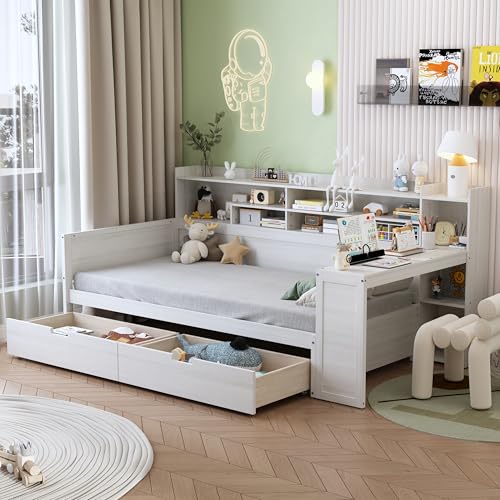 Bellemave Twin Corner Bed Frame with Storage Shelves and Desk, Gray L74206