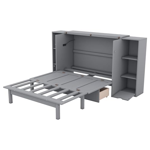 Ball & Cast Queen Size Solid Pine Murphy Bed with Charging Station, White + Walnut P2075