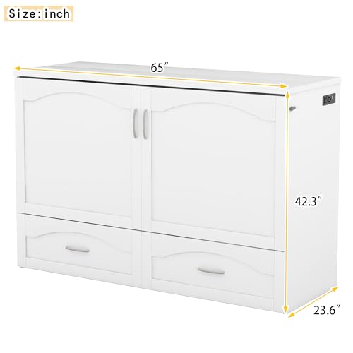 Queen Size Solid Pine Murphy Bed Chest with Charging Station and Storage Drawer K498