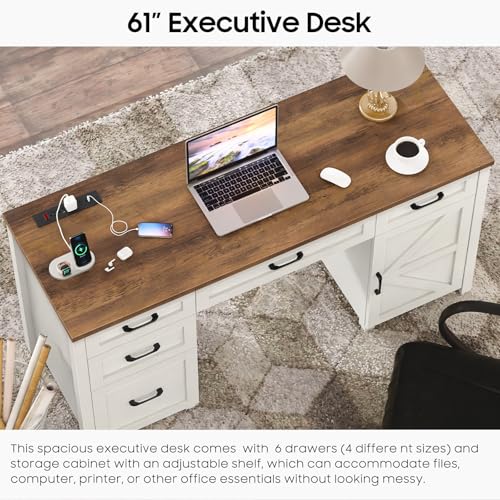 Farmhouse 61" Executive Desk with 5 Drawers and Charging Station, Pure Black W116439