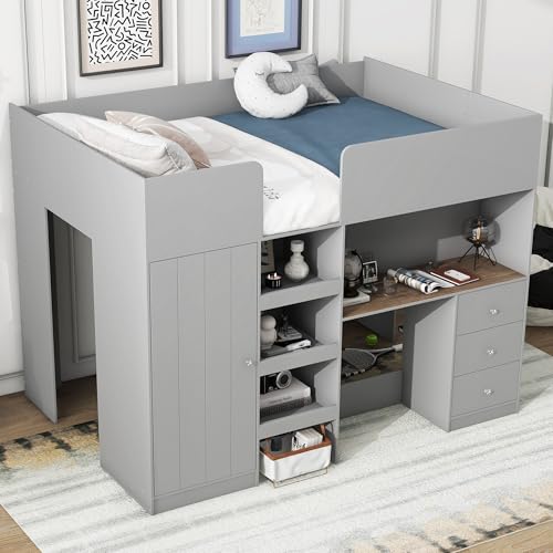 Harper & Bright Designs Full Loft Bed with Desk and Storage, Gray K73009