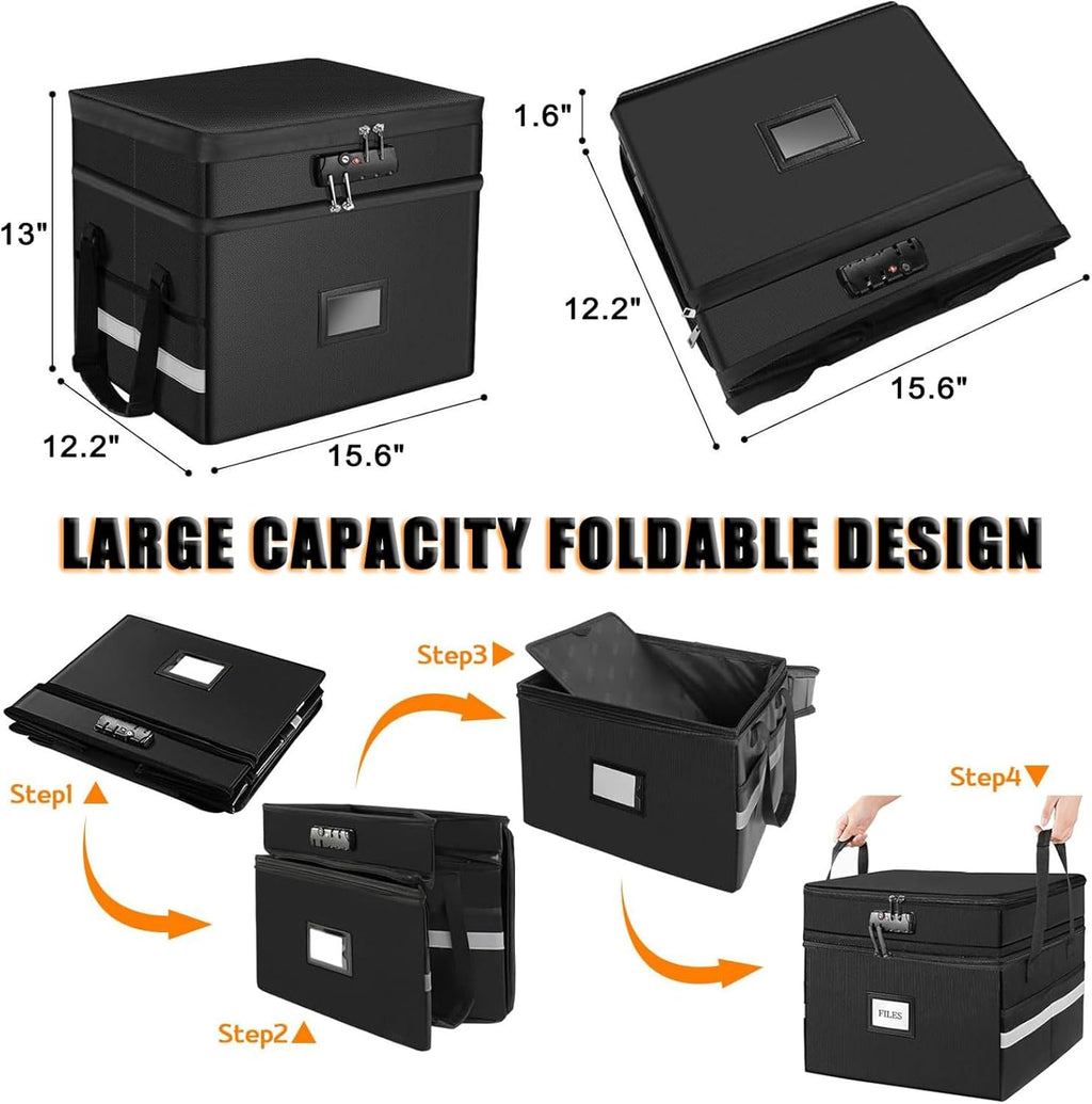 Fireproof Document Box with Lock, Water-Resistant File Organizer (Black) V5008
