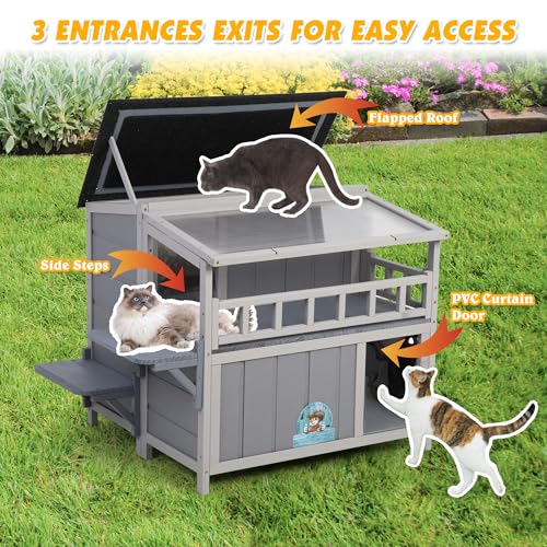 Warm Wood Cat Shelter with Sunlight Roof for Outdoor Use J791