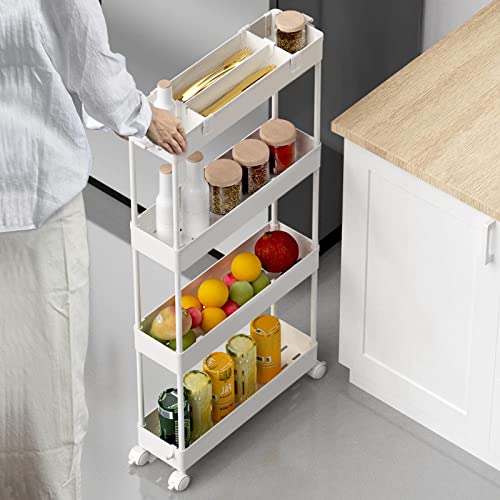 SPACELEAD Slim Storage Cart 4 Tier, Rolling Utility Cart for Bathroom & Kitchen, White Q18019