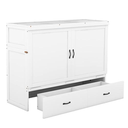 Ball & Cast Queen Size Solid Pine Murphy Bed with Charging Station, White + Walnut P2075