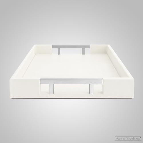 White Marble Faux Leather Decorative Tray with Handles D972626