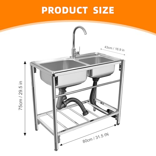 Outdoor Utility Sink Stainless Steel Double Bowl Free Standing with Hot and Cold Faucet L5338