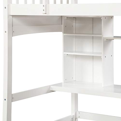Harper & Bright Designs Full Size Loft Bed with Wardrobe and Desk, Solid Wood, White R4710
