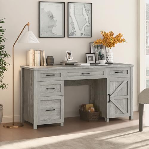 Farmhouse 61" Executive Desk with 5 Drawers and Charging Station, Pure Black W116439