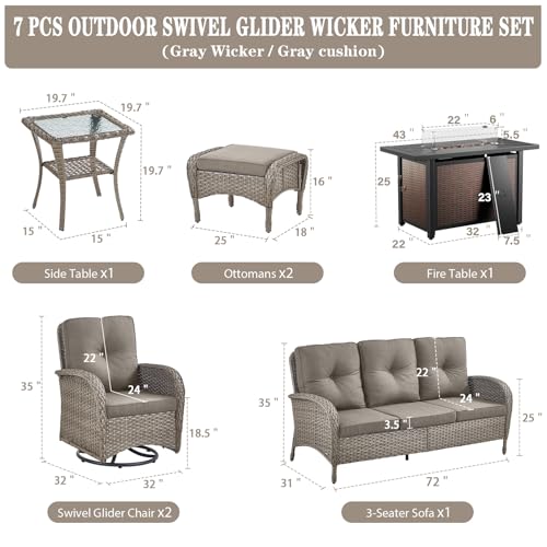 Outdoor Wicker Swivel Rocker Chairs Set of 2 with Rattan Side Table, Brown/Blue B592