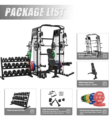 Mikolo Smith Machine 2200lbs Squat Rack with Lat Pulldown & Cable Crossover E219