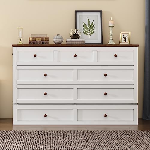 Ball & Cast Queen Size Solid Pine Murphy Bed with Charging Station, White + Walnut P2075